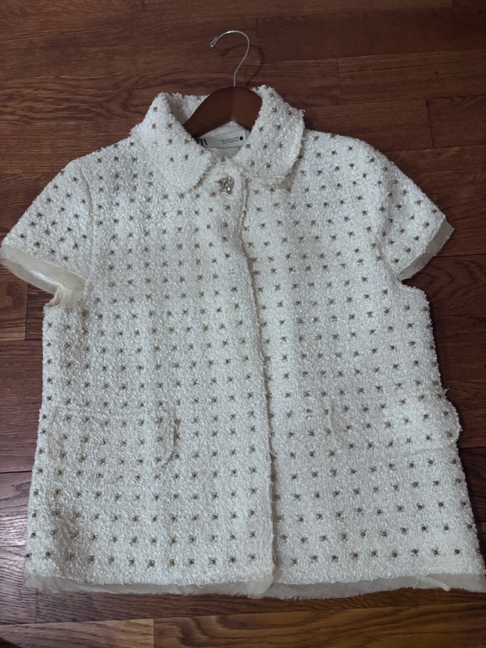 Zara white studded beaded tweed single button top size XS